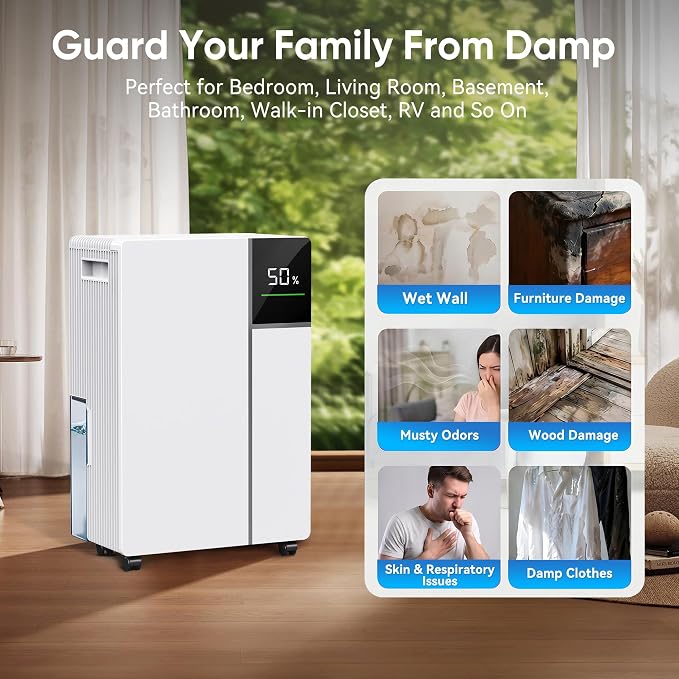 2500 Sq.Ft Dehumidifier for Basement with Drain Hose, Max 34 Pints Dehumidifiers for Home, Bedroom, Bathroom, Basement, Smart Humidity Presets, Three Modes, 24HR Timer, Quiet Operation