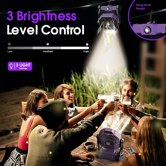 JINLICTE Portable Camping Fan, Rechargeable Battery Powered Tent Fans for Camp Hanging, [13-60Hrs Runtime], 9 Inch, Stepless Speed, Powerful&Quiet, for Picnic, Barbecue, Fishing, Travel, Home, Tent