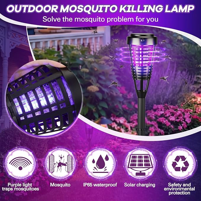4 Pcs Solar Bug Zapper Outdoor, Torch Zapper Lights Waterproof Mosquito Killer Lamp with Auto On/Off Lighting,Purple Bug Light and White Ambient Light for Garden Patio Yard Balcony(Black)