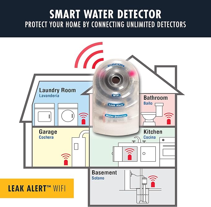 Zircon Leak Alert WiFi -Smart Electronic Water Detector Alarm with Email, Audio and Visual Alerts - Battery Included