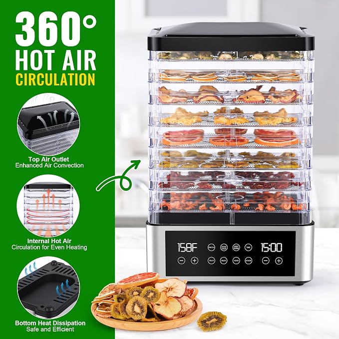 Food Dehydrator Machine, 8 Stainless Steel Trays Food Dehydrator with 48H Digital Adjustable Timer & Temperature Control, Dehydrators for Jerky, Fruit, Veggies, Meat, Herbs, Dog Treats