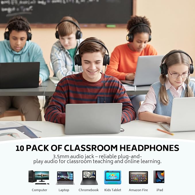 AILIHEN Classroom Headphones Bulk 10 Pack - Wired Headphones for Kids for School, K-12 Students Online Learning and Travel, HD Microphone and 3.5mm Jack for Tablet, Computer, Chromebook (Multicolor)