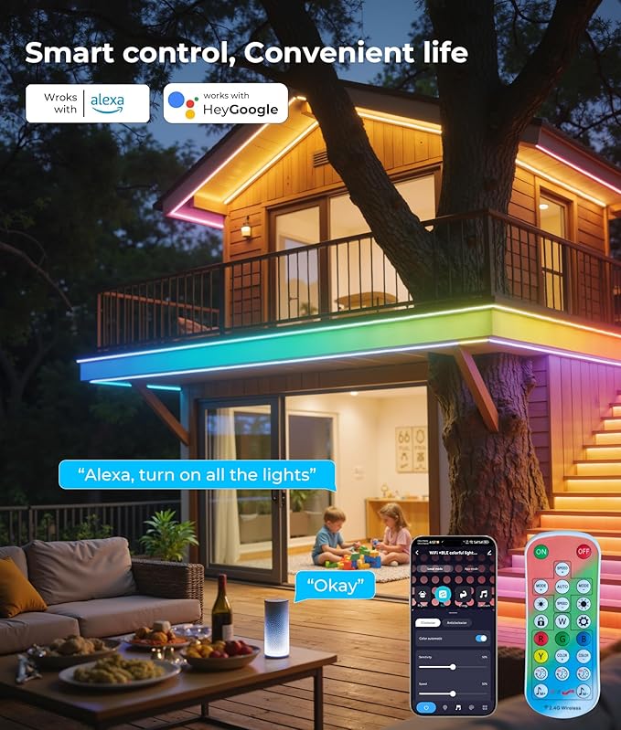 DeckTok Outdoor LED Strip Lights RGB, 32.8ft Smart LED Outdoor Lights with Alexa Google Assistant, App Control, Music Sync, Timer, IP67 Waterproof Light Strip for Balcony, Roof, Patio, Pool Decor