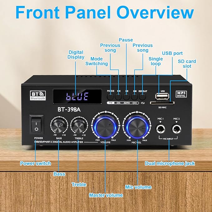 Romica Stereo Audio Amplifier, 2 Channel 450W Bluetooth 5.0 Home Audio Stereo Receiver with FM Radio, USB, SD, Optical & Coaxial Inputs, Amplifier for Passive Speakers and Active subwoofer