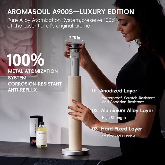 Waterless Scent Diffuser Starter Kit - Alloy Atomization System, Smart Rechargeable Hotel Scent Diffuser, 1500 Sq Ft Coverage, Including 6×15ml Essential Oils, for Home, Large Room, Spa, Cream