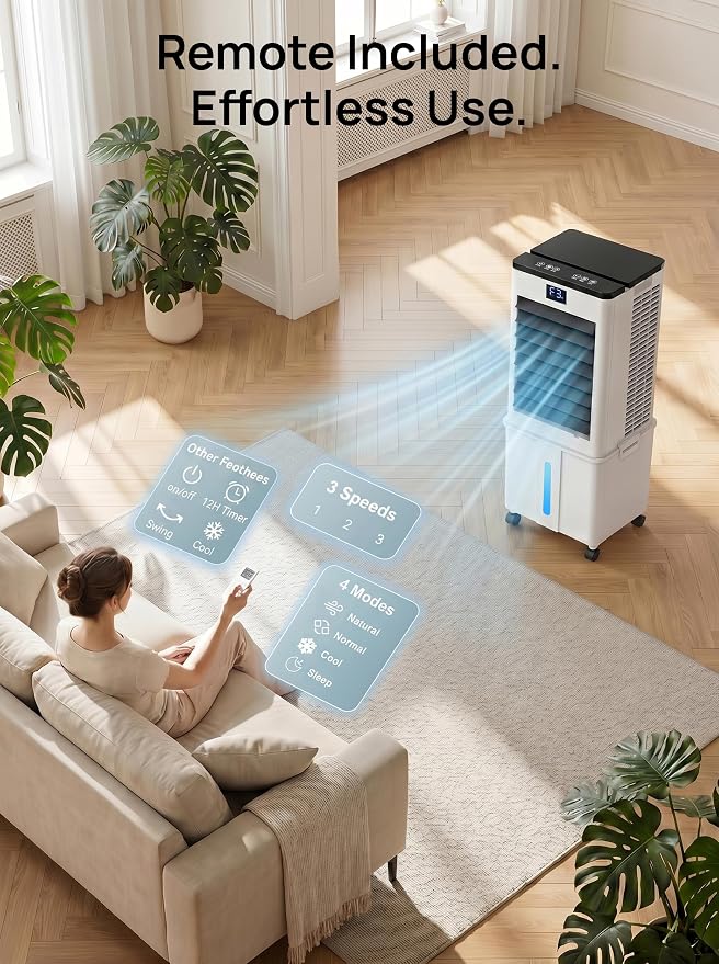 Windowless Portable Air Conditioner, 3-IN-1 Portable AC Fan w/ 2.64Gal Tank for 20H Cooling, 4 Modes & 3 Speeds, 12H Timer for Auto-off, Remote, Swamp Cooler for Room, Bedroom