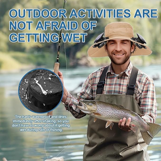 Solar Fan Hat for Men - Wide Brim Cooling Hat with 2 Built-in Solar & USB Rechargeable Fans for Fishing Hiking