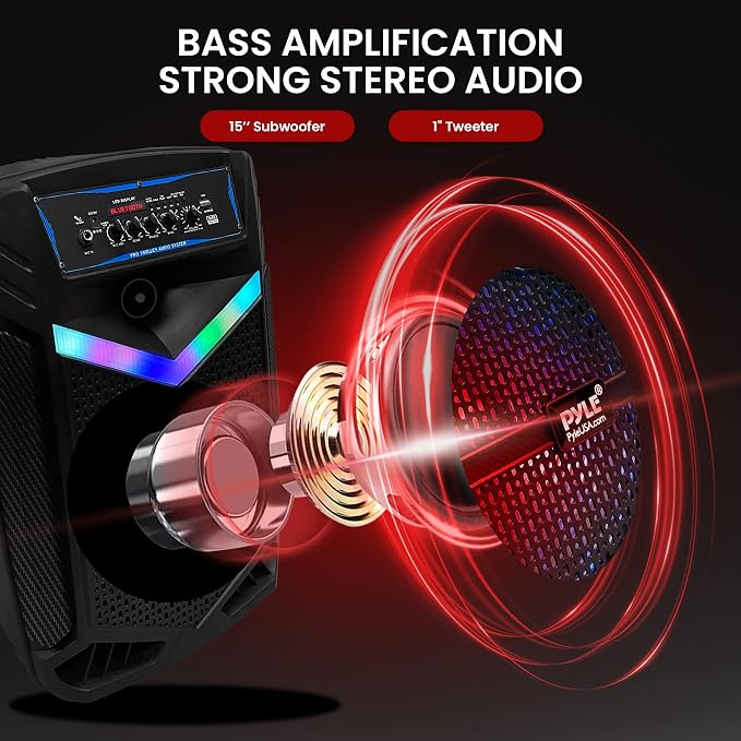 Portable Bluetooth PA Speaker System - 1200W Rechargeable Outdoor Bluetooth Speaker Portable PA System w/ 15” Subwoofer 1” Tweeter, Recording Function Mic in Party Lights USB/SD Radio