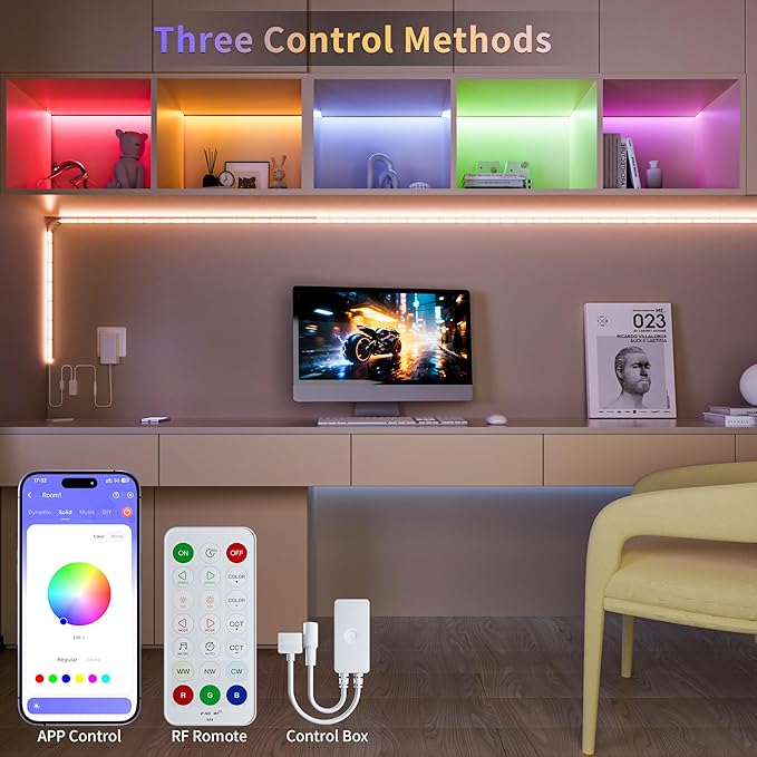 PAUTIX COB LED Strip Lights,32.8ft RGB+CCT 2700K-6500K White LED Lights,Dimmable Color Changing RGB LED Strip Light,with Remote/APP Control,for Kitchen Cabinets,Ceiling,Party DIY Lighting Projects
