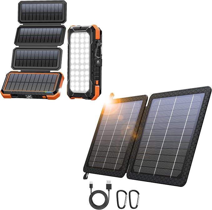 BLAVOR 20,000mAh PD 18W Solar Charger Power Bank Foldable-Orange Plus 10W Portable Solar Charger(5V/2A Max)
