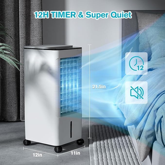 Windowless Portable Air Conditoners, 3-IN-1 Portable AC with Remote, 12H Timer &1.16Gal Tank, 45° Oscillation, 3 Modes 3 Speeds, Fast Cooling Quiet Ventless Swamp Cooler for Room Home Office, Pearl