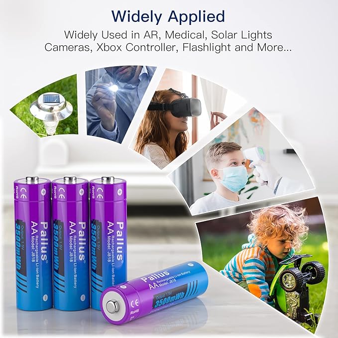 Pallus 1.5v Rechargeable Lithium AA Batteries, 4-Pack 3500mWh High Capacity AA Rechargeable Batteries with LCD Charger for Blink Security Camera, VR/AR, Constand Voltage, Cycle 1600x, Long Lasting