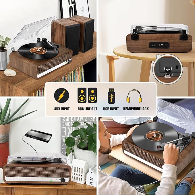 Vinyl Record Player with Speakers,3 Speed Turntable with Bluetooth, Aux, Headphone Jack, RCA Output and Auto Stop,Mirror Vintage Wooden Walnut