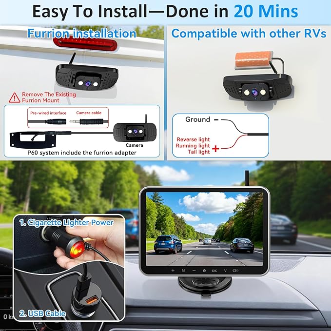Plug-Play RV Camera System Wireless for Furrion Pre-Wired: 20-Min Easy Install for Trailer Camper - 8" HD 1080P Large Screen See Every Obstacle at a Glance for Campsite Reversing & Drive Monitoring