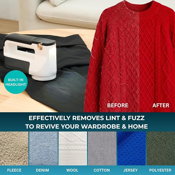 True & Tidy XL Fabric Shaver & Lint Remover Rechargeable Electric Sweater Defuzzer w/ 6-Blade Stainless Steel, 3 Speeds, LED Display, 2 Extra Blades, 3.5 Hrs Runtime for Clothes, Couch, Upholstery