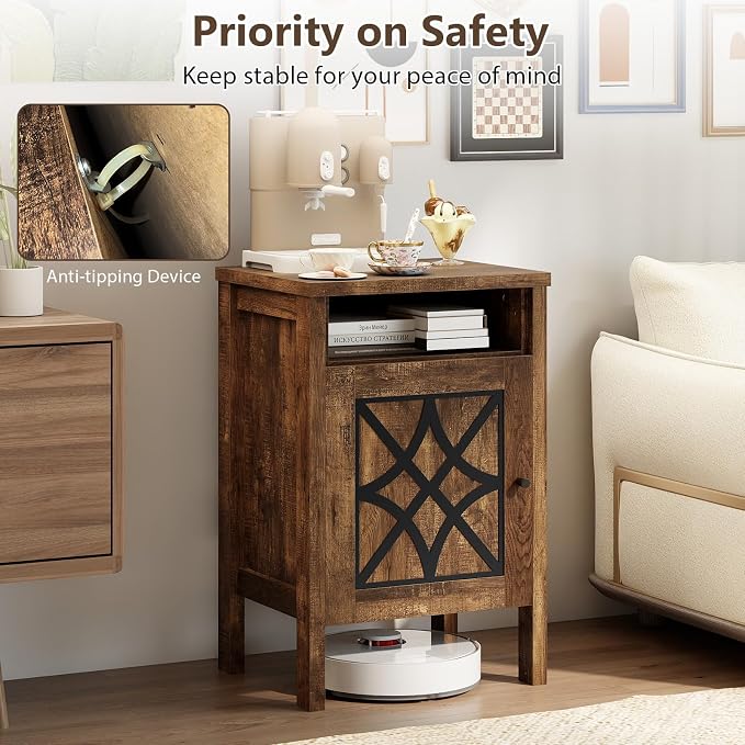 Giantex Robot Vacuum Storage Cabinet, Farmhouse End Table with Anti-Tipping Device, Anti-slip Foot Pads, Nightstand, Space-Saving Sweeping Robot Stand for Small Space, Bedroom, Kitchen, Office (Brown)