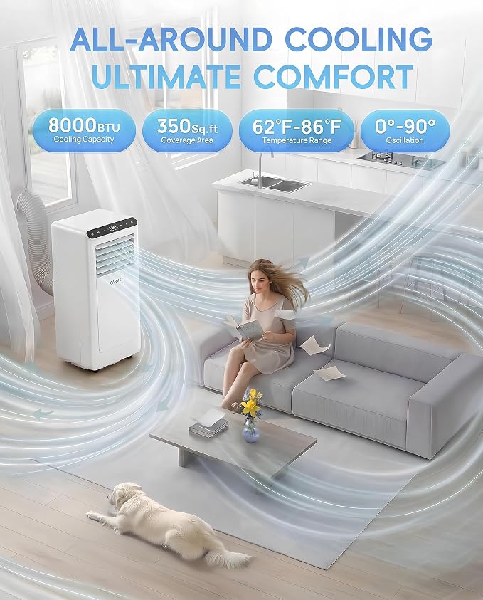 8000 BTU Portable Air Conditioner 3-in-1 AC Unit | 3-in-1, Up to 350 Sq.Ft., Cool, Fan & Dehumidifier, 24H Timer & Remote, Installation Kit Included