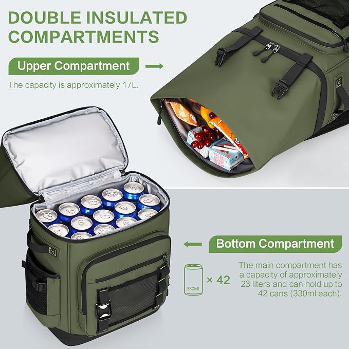 42 Can Backpack Cooler,40L Insulated Double Decker Leakproof, Waterproof Travel Cooler Backpack for Beach Camping Picnic Travel