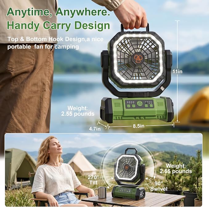 Portable Rechargeable Fan 20000mAh, Battery Powered Camping Fan with LED Light& Remote,Cordless,4 Speeds Wind,Timer for Tent,Travel,Rv Camping Essentials (Green)