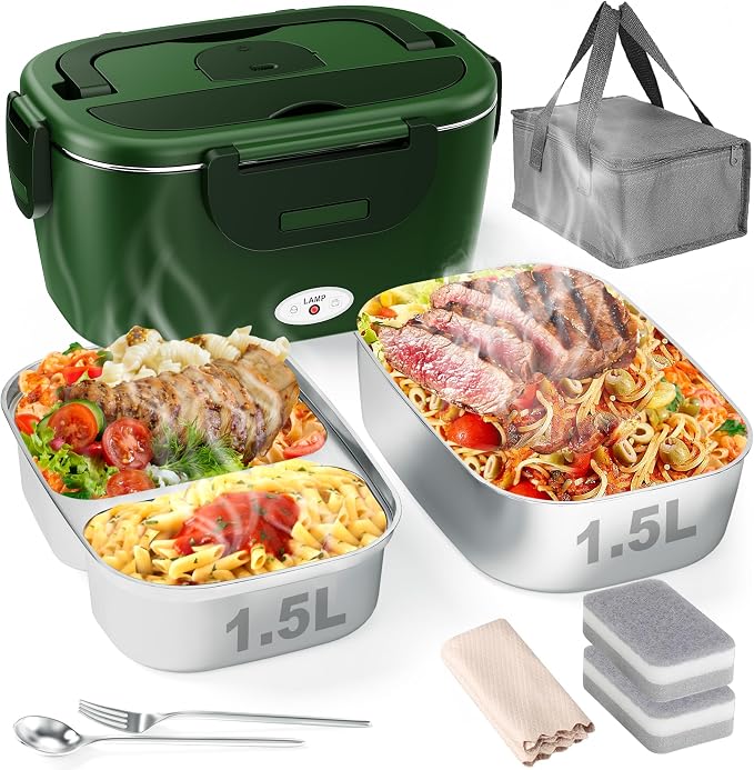 Geveniss Electric Lunch Box for Adults, Heated Lunch Box for Car and Truck, Portable Food Warmer for Office Work, 80W Fast Heating, Dual Removable 1.5L Stainless Steel Containers
