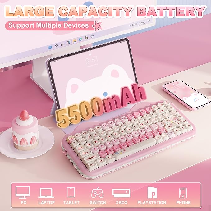YUNZII C75 Wireless Mechanical Keyboard,75% Layout, Hot-Swappable NKRO,BT5.0/2.4G/USB-C Mode,Dye-Sub PBT MOA Keycaps,RGB Gasket Mount,Cute Cake Design for Mac/Win/Gaming (Pink, Milk V2 Switch)