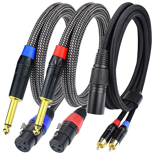 1/4" TS to XLR Female Cable 10Feet 2Pack with XLR Male to Dual RCA Y Splitter Cable 10Feet