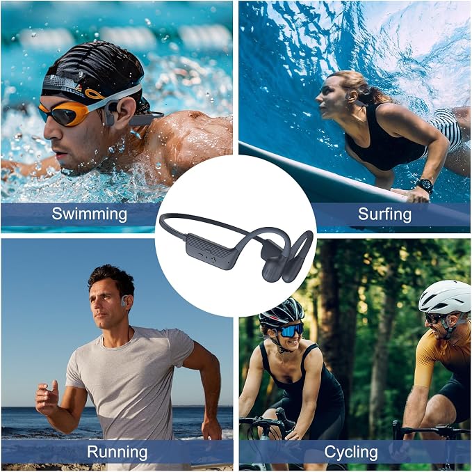 Swimming Headphones, IP68 Waterproof Bone Conduction Headphones, Bluetooth 6.0 &MP3 with32GB Memory Card, Skin Open Ear Swim Earbuds with Adjustable Headband for Swim Cap/Hat, Magnetic Charging(Grey)