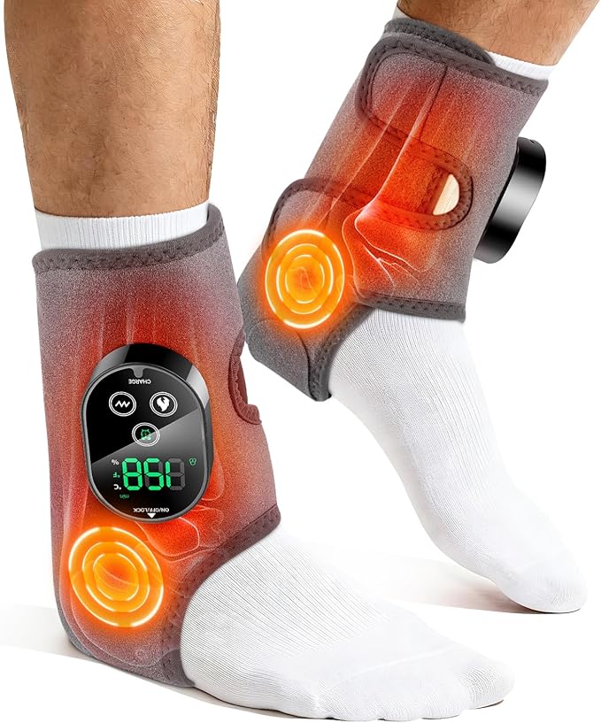 2 Pack Cordless Ankle Massager for Pain Relief, Foot and Ankle Massager Wrap with Heat, Foot Massager for Neuropathy, Heated Foot Massager, 6 Heat Levels, 3 Massage Modes, Grey