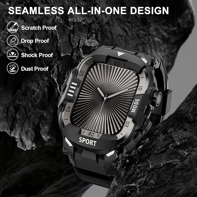DABAOZA Rugged Case with Band Compatible with Apple Watch 46mm, for iWatch Series 11/10,Military Grade Shockproof Bumper and Men's Tactical Heavy Duty Strap(Black/Black,46MM)