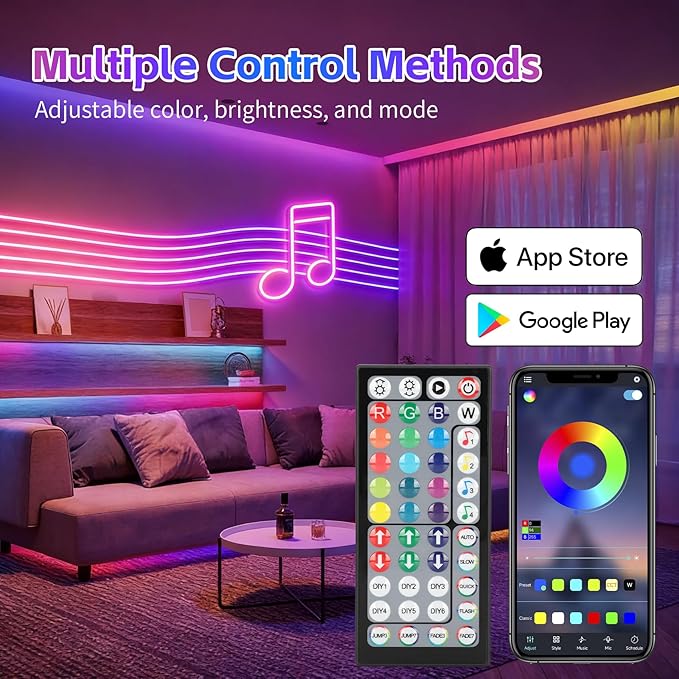 200FT RGB LED Neon Rope Lights, App & Remote Control, Flexible Waterproof IP65 Led Strip Lights, Music Sync Color Changing Multiple Modes Neon Lights for Bedroom Gaming Room Indoor & Outdoor Decor
