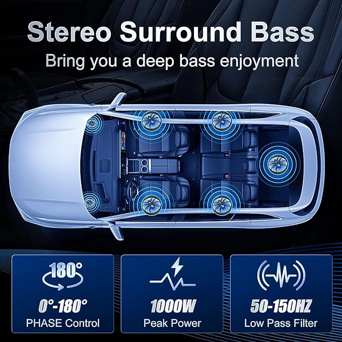 1000w Slim Under Seat Subwoofers with Amp,Car Subwoofer amp with Ambient Light,3.2" Height Amplified Subs High/Low Level Input for Car/Truck Audio,Powered Subwoofer and Amp Package Wire Kit Deep Bass