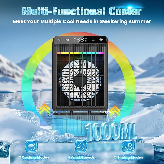 Portable Air Conditioner with LED Display, 1000ML Mini AC Air Conditioner 4-in-1 Air Cooler Humidifier with 7 Colors Light, Timer Personal Evaporative Air Cooler Cooling Fan for Bedroom Office Home