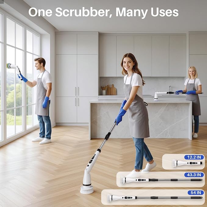 JOYMOOP Electric Spin Scrubber, Cordless Cleaning Brush 450 RPM with 100-Min Runtime, IPX7 Waterproof Power Scrubber with 8 Brush Heads, Adjustable Long Handle for Bathroom, Floor, Tile, Kitchen