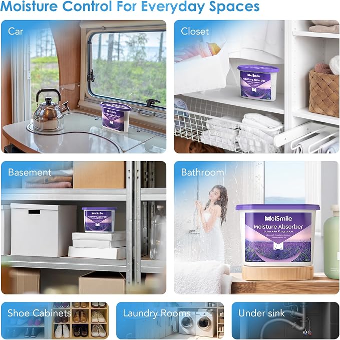 Lavender Moisture Absorbers, Fast Acting Humidity Absorber & Odor Eliminator, 10.5 oz High Capacity Dehumidifier for Closet, Bathroom, Basement, Car & RV, 6 Pack