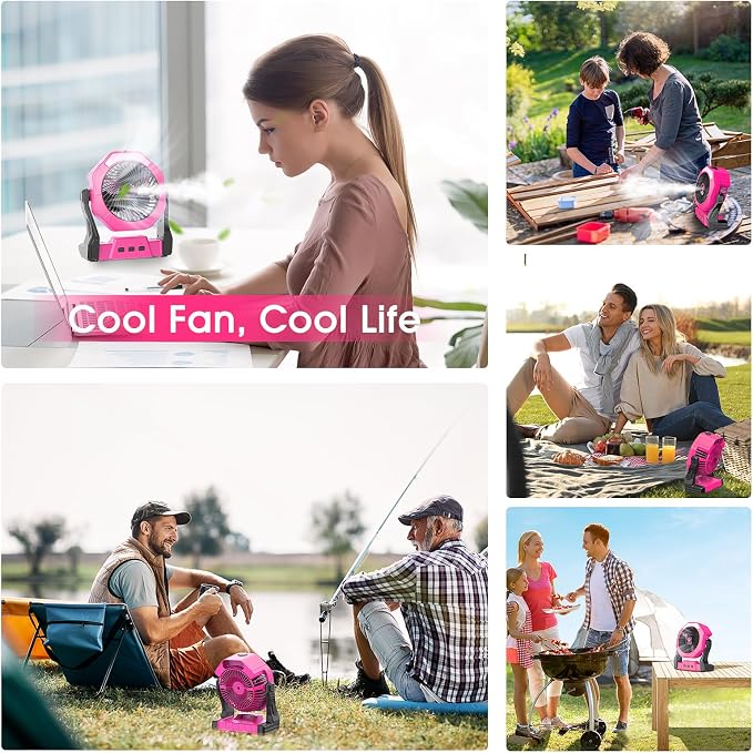 Ausic Portable Misting Fans, [Max 35H Runtime] Pink Outdoor Cooling Fan for Patios, 8 Inch Battery Operated Rechargeable Fans, Water Spray Fan with LED Light for Pets/Travel Beach Camping Essential