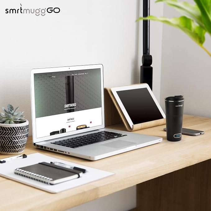 SmrtMugg GO Heated Coffee Mug, Travel Mug, 13.5 OZ. Smart Mug, Battery Powered Heated Coffee Mug, Great for Coffee and Tea, Snap on Magnetic Charging Cord, adjustable temperature (Black)