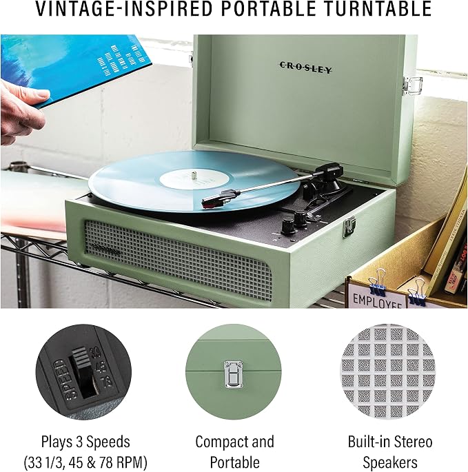 Crosley CR8017B-SA Voyager Vintage Portable Vinyl Record Player Turntable with Bluetooth in/Out and Built-in Speakers, Sage