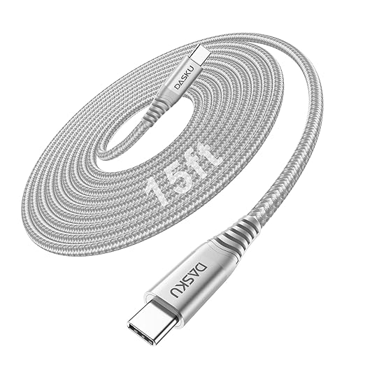 Dasku 15FT Extra Long USB C to USB C Cable 100W, Fast Charging Type C Charger Cord for iPhone 17 17 Pro Max, iPhone 16 Series, iPhone 15 Series, Galaxy S24 S23, MacBook, Car Play-Gery