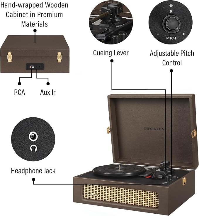 Crosley CR8017B-CO Voyager Vintage Portable Vinyl Record Player Turntable with Bluetooth in/Out and Built-in Speakers, Cocoa | Vinyl Record Player, Bluetooth In/Out, Built-in Speakers