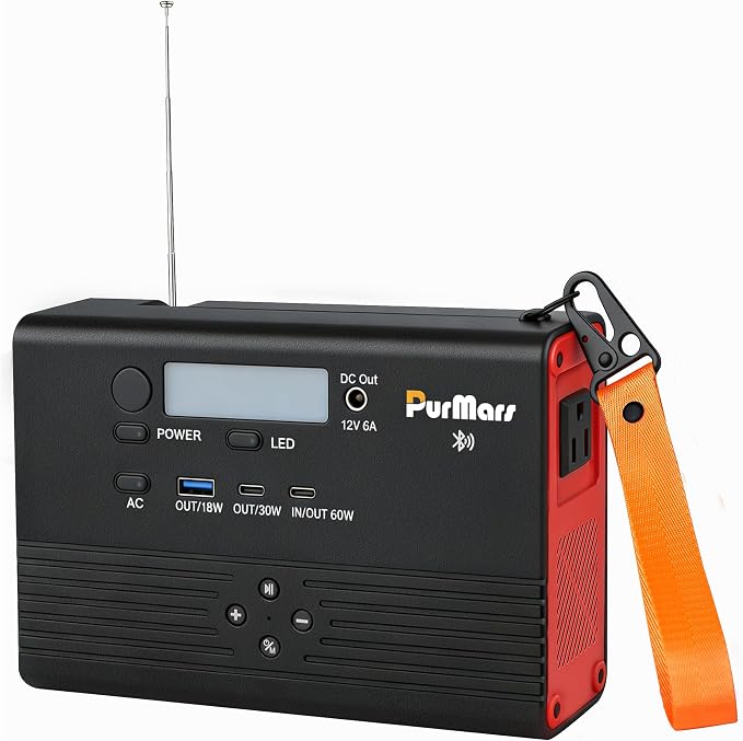 Portable Power Station, 92Wh/100W Mobile Power Bank with Bluetooth Speaker + FM Radio, PD Fast Charging, 110V AC Output, Multiple Output Ports-Ideal for Camping and Emergency Power