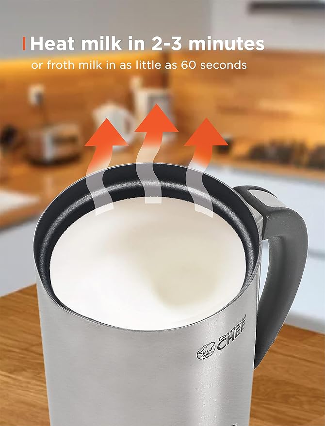 Commercial Chef Cordless Milk Frother for Hot and Cold Milk, 1-Cup/240ml Capacity, Handheld Frother for Kitchen Coffee Bar, Cappuccino and More, Non-Stick Exterior, CHMF08S, Stainless Steel