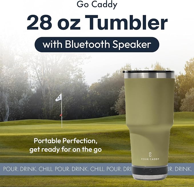 Vibe 28 oz Tumbler with Bluetooth Speaker, Insulated Stainless Steel Travel Cup with Lid, Hot & Cold Drink Beverage Container, Removable Speaker with Microphone, Rubber Base, Sandstone