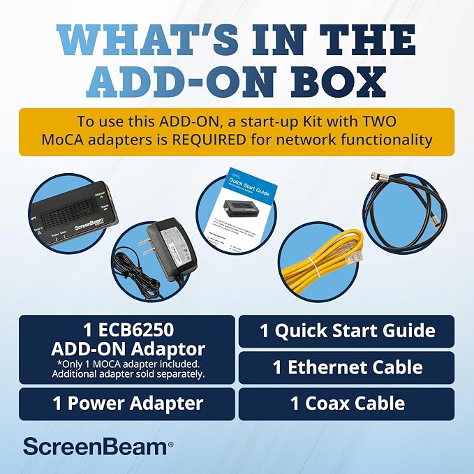 ScreenBeam MoCA 2.5 Network Adapter for Higher Speed Internet, Ethernet Over Coax - Single Add-On Adapter for Existing MoCA Network (Model: ECB6250S02), Black