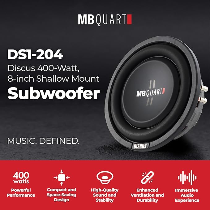 MB Quart 8 Inch 400 Watt MAX 200 Watt RMS 4 Ohm Dual Voice Coil, Shallow Slim Subwoofer for Car Audio Sound System, Single Speaker - DS1-204