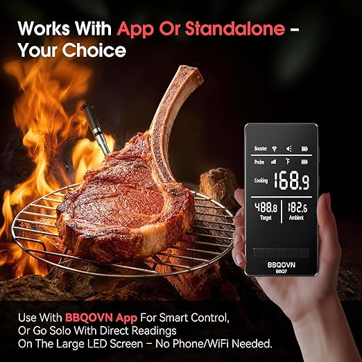BBQOVN Smart WiFi Wireless Meat Thermometer, Sub-1G Long Range 1000FT, 7 NIST Certified Sensors in 1 Thinner Probe ±0.5℉ Accuracy, Standalone Base with App, IP68 Waterproof for BBQ Grill Smoker Oven