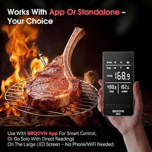 BBQOVN Smart WiFi Wireless Meat Thermometer, Sub-1G 656FT Range, 7-Sensor Probe, Standalone LED Base, IP68 Waterproof, APP Remote for BBQ Grill Smoker Oven