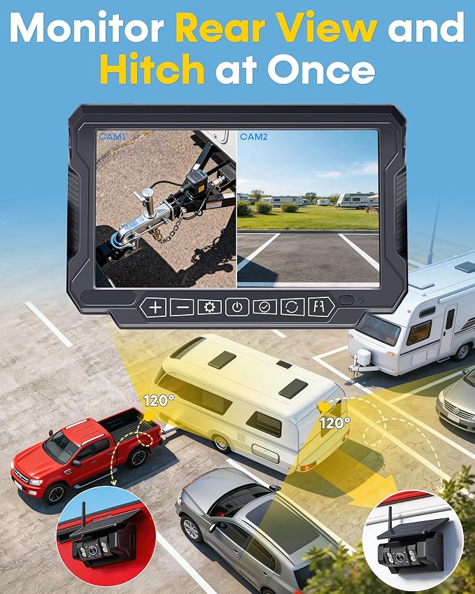 Dual Magnetic Backup Camera Wireless: Monitor 2 Areas at Once, Check Interior Hitch or Rear View While Driving & Reversing – 3-Min Setup, 7" 1080P Monitor with 20lb Magnetic Camera for RVs & Trailers