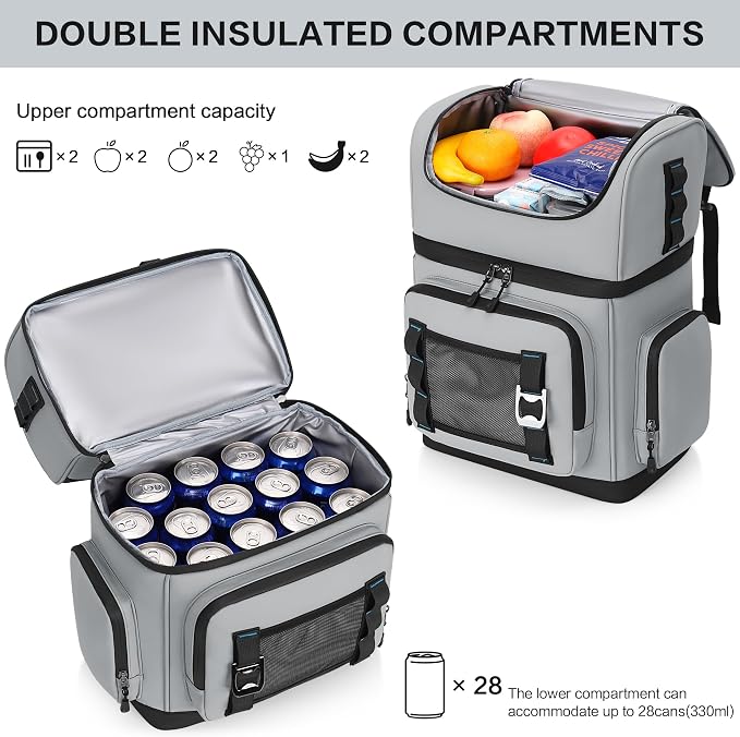 Large Waterproof Insulated Cooler Backpack for Men & Women, Double Decker Leak Proof Cooler Backpack for Beach, Camping, Picnic, Travel, 26L, 44Cans