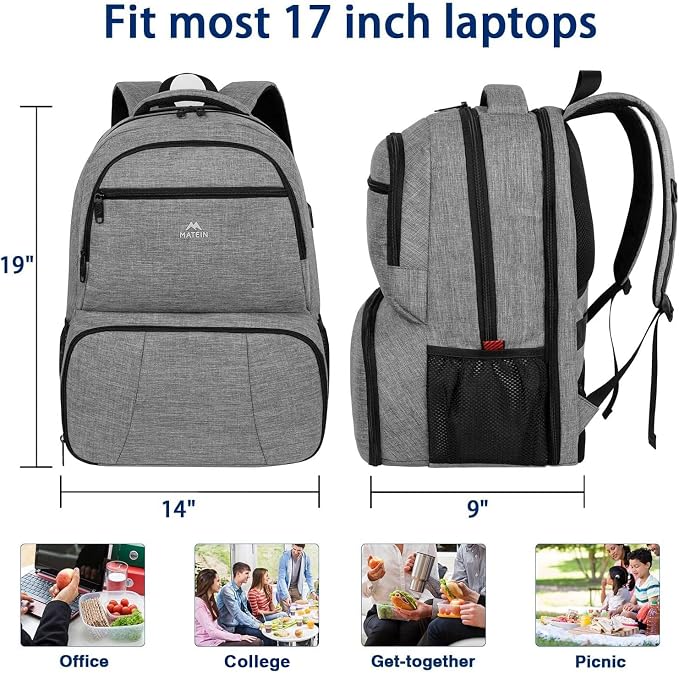 MATEIN Lunch Backpack, 17 inch Insulated Cooler Backpack with for Women Men, Water Resistant College Lunch Box Backpack with Laptop Compartment for Work Picnic Travel Beach, Gifts