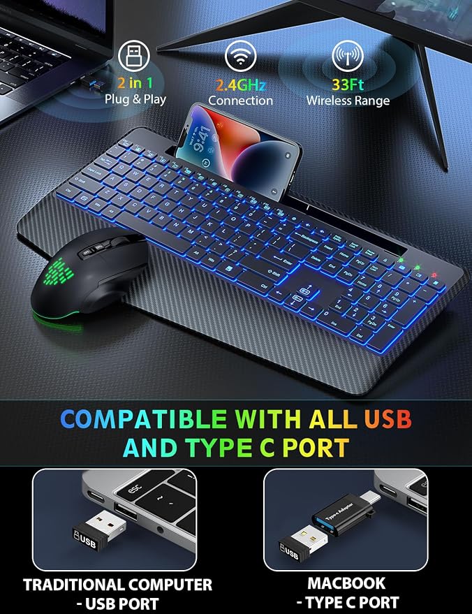 Wireless Keyboard and Mouse Backlit, Wrist Rest, LED Mouse, Rechargeable Ergonomic Keyboard with Phone Holder, Silent Light Up Combo for Computer, Mac, PC, Laptop, Chromebook - SABLUTE KM22 Ultra+
